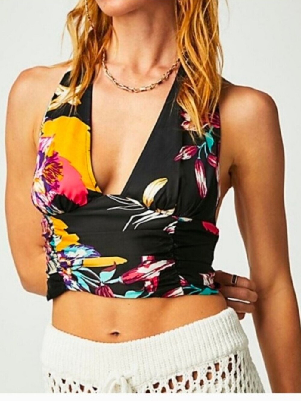 Free People- Seraphina -Floral Black V-Neck Halter Top. Size S